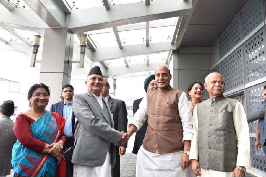 Indian Home Minister Rajnath Singh welcomes PM Oli in Delhi