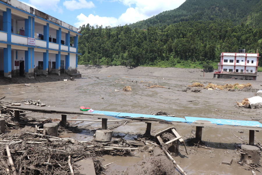 Flooded settlement and debris in Nepal