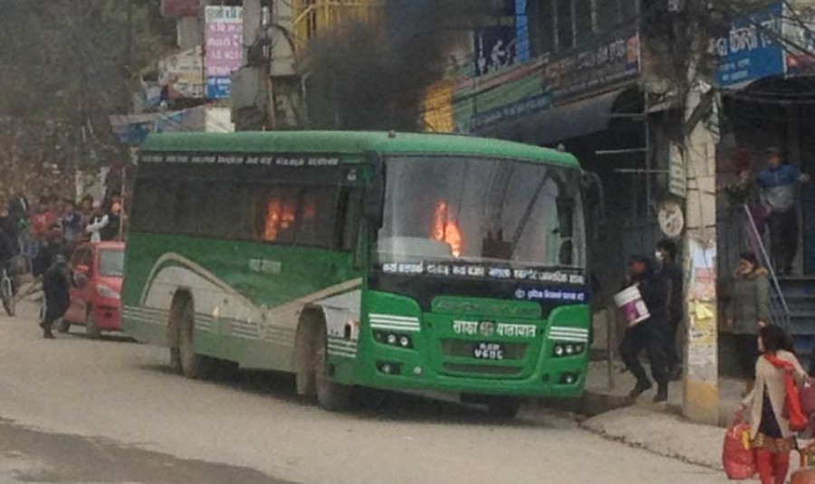 Unidentified persons torch Sajha Yatayat bus in Balaju