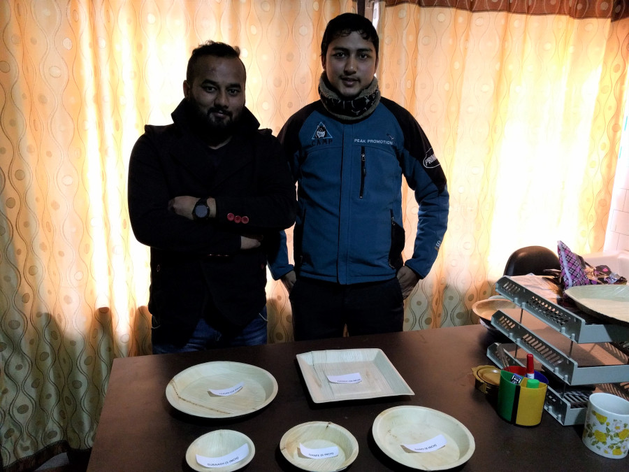 Three young entrepreneurs produce areca leaf plates