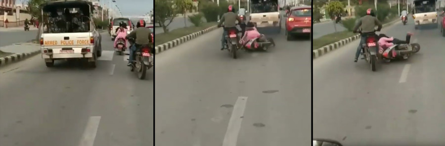 A police vehicle escorting ex-prime minister Chand hits scooter and then flees
