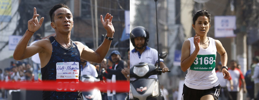 Anish Thapa and Bishworupa Budha win Kantipur Half-Marathon 2019