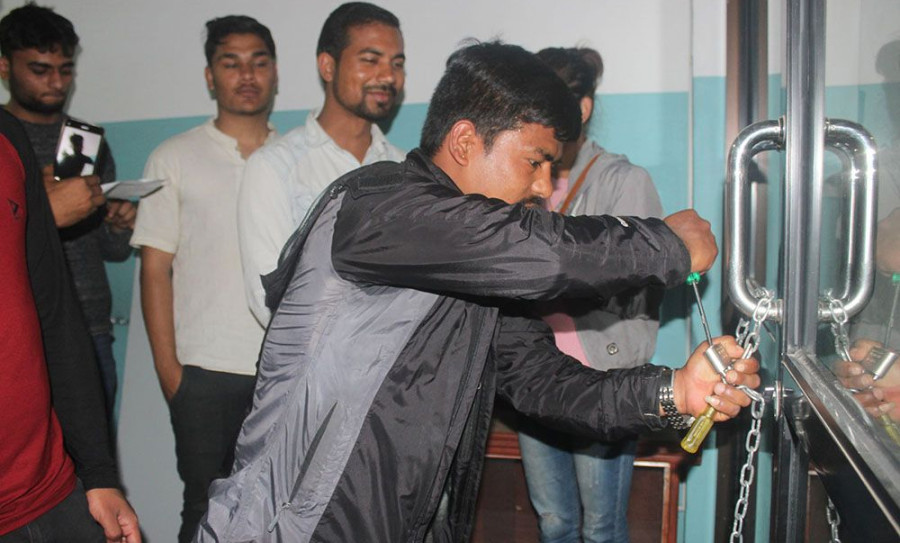 MBBS students open locks of Gandaki Medical College