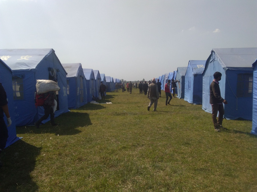 Temporary quarantine facility built on no man’s land to keep more than a hundred Nepalis caught at Indo-Nepal border in Nepalgunj