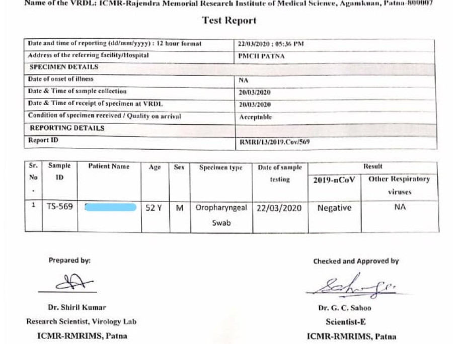 Birgunj-based businessman reported to have contracted Covid-19 tests negative for the virus