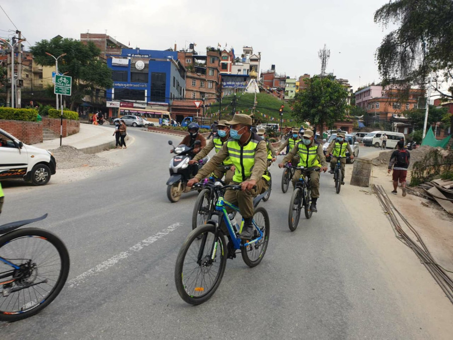 Lalitpur city police starts patrolling streets and neighbourhoods on bicycles