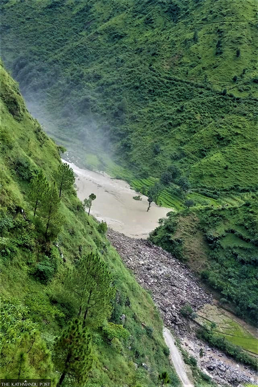 Landslide debris blocks river in Bajhang, triggers flood threats