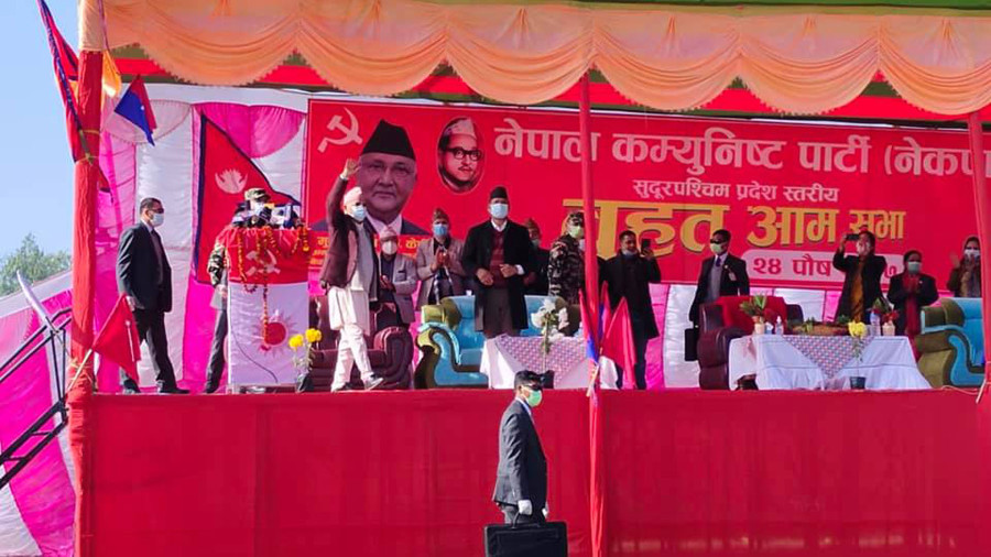 Oli throws caution to the wind as he addresses a mass gathering