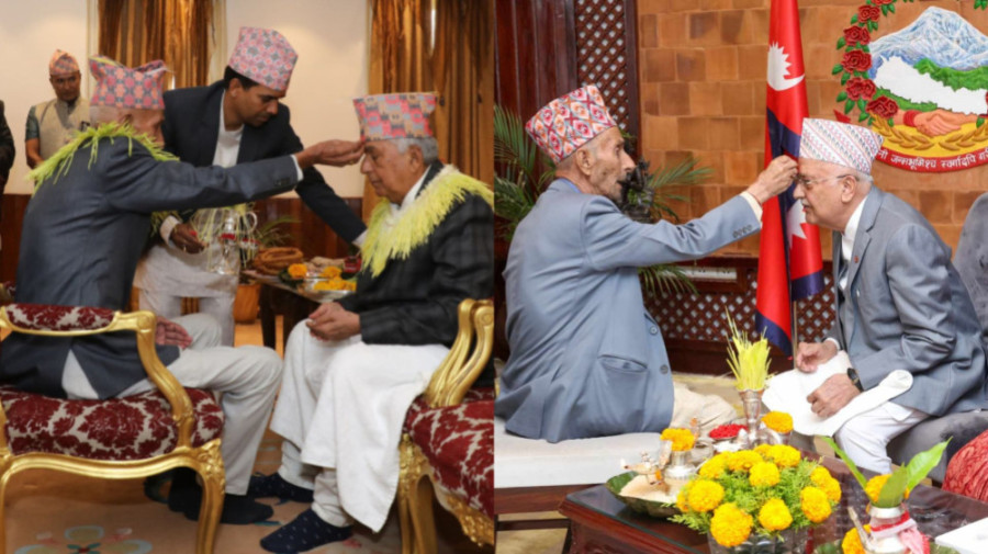 President Paudel and PM Oli receive Dashain Tika from elders