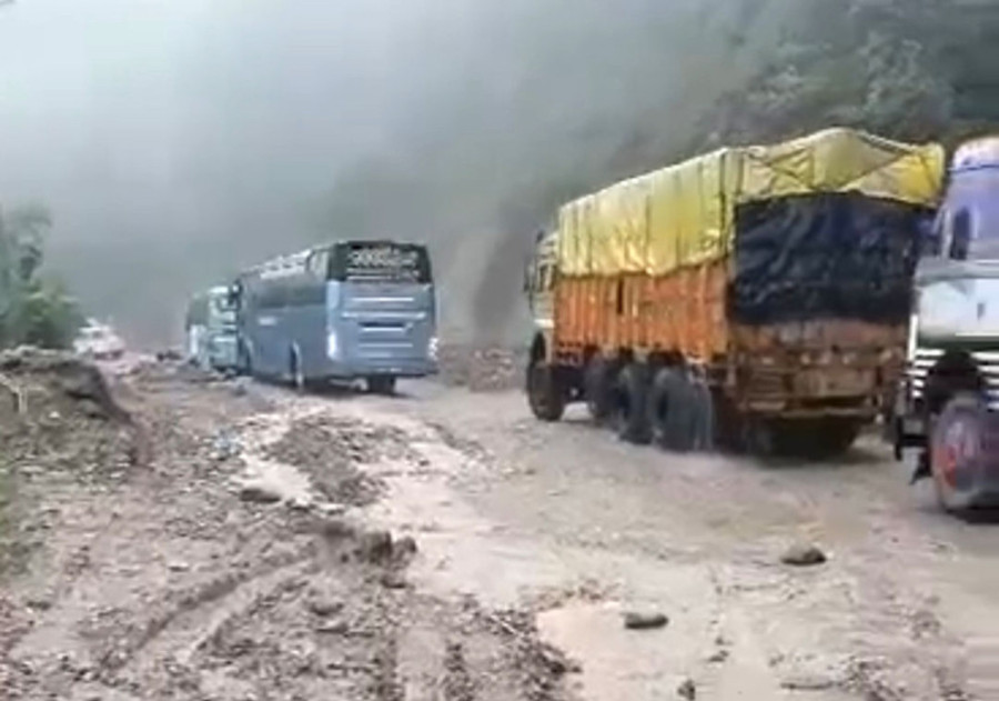 Persistent rainfall stalls traffic at Daunne in Nawalparasi East